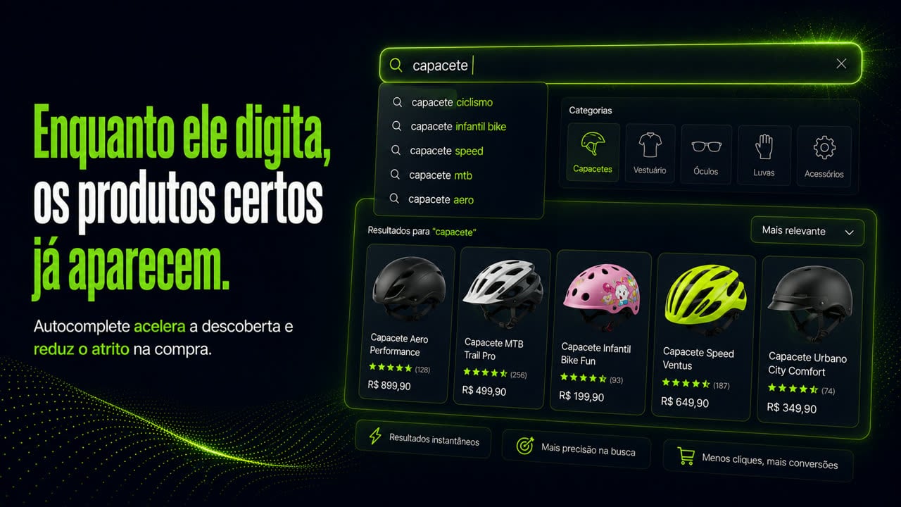 Tela do Climba Search com a frase "Enquanto ele digita, os produtos certos já aparecem" e o subtítulo "Autocomplete acelera a descoberta e reduz o atrito na compra". Ao digitar "capacete", o autocomplete sugere capacete ciclismo, capacete infantil bike, capacete speed, capacete mtb e capacete aero, com os resultados e as categorias já montados abaixo.