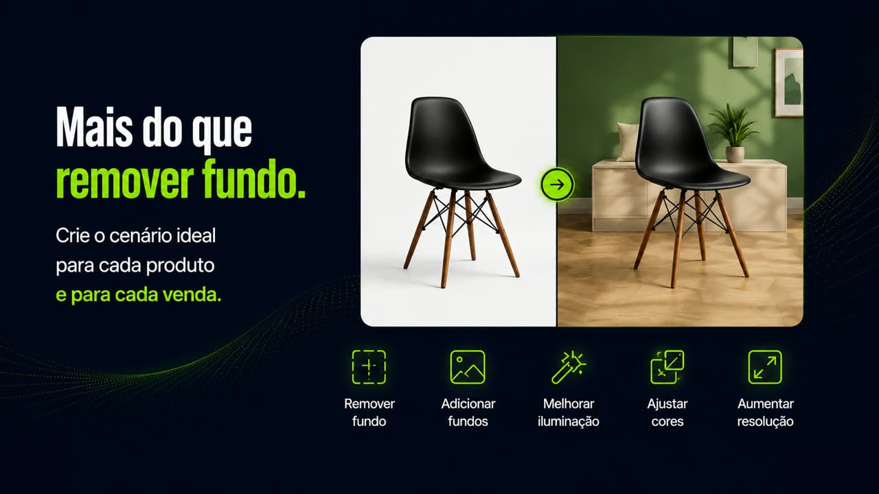Tela do Estúdio de Fotos IA com a frase "Mais do que remover fundo" e o subtítulo "Crie o cenário ideal para cada produto e para cada venda". A mesma cadeira preta aparece à esquerda em fundo branco e à direita dentro de uma sala mobiliada. Abaixo, os recursos Remover fundo, Adicionar fundos, Melhorar iluminação, Ajustar cores e Aumentar resolução.