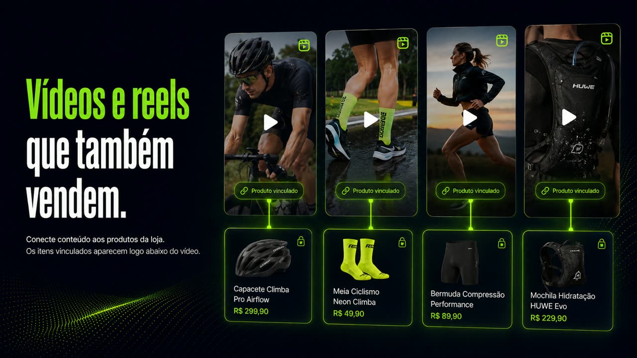 Tela do tema Layout FULL com a frase "Vídeos e reels que também vendem" e o subtítulo "Conecte conteúdo aos produtos da loja. Os itens vinculados aparecem logo abaixo do vídeo". Quatro vídeos verticais de ciclismo e corrida aparecem com o selo "Produto vinculado", cada um ligado ao seu produto na loja.