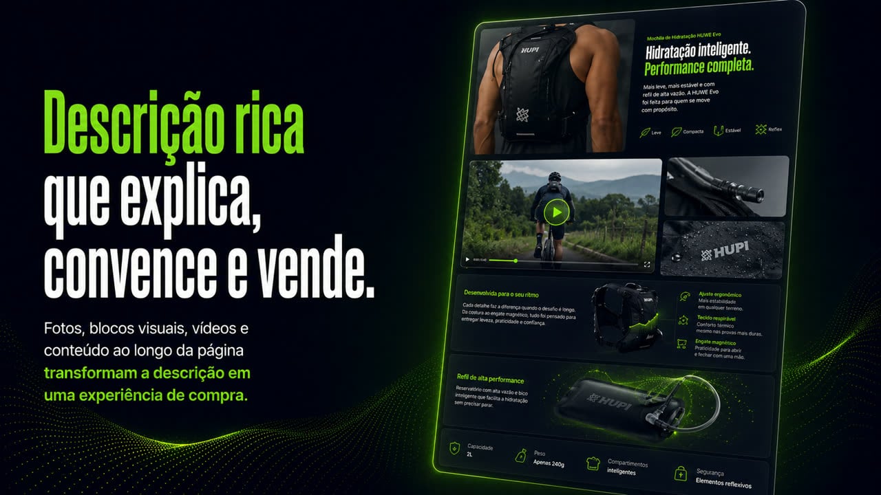 Tela do tema Layout FULL com a frase "Descrição rica que explica, convence e vende" e o subtítulo "Fotos, blocos visuais, vídeos e conteúdo ao longo da página transformam a descrição em uma experiência de compra". A descrição de uma mochila de hidratação combina foto do produto em uso, vídeo, blocos de ajuste ergonômico, tecido respirável e engate magnético, e a ficha com capacidade, peso, compartimentos e segurança.