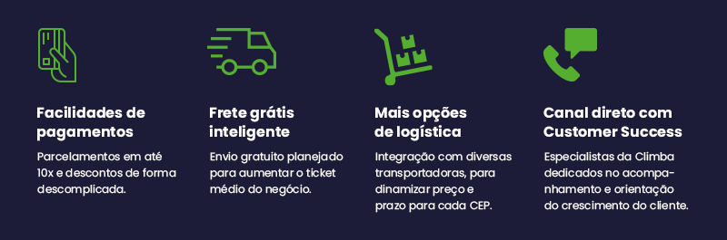    Facilidades de pagamentos 	 Frete grátis inteligente 	 Mais opções de logística 	 Canal direto com Customer Success     Parcelamentos em até 10x e descontos de forma descomplicada.  	  Envio gratuito planejado para aumentar o ticket médio do negócio.  	  Integração com diversas transportadoras, para dinamizar preço e prazo para cada CEP.  	  Especialistas da Climba dedicados no acompanhamento e orientação do crescimento do cliente.